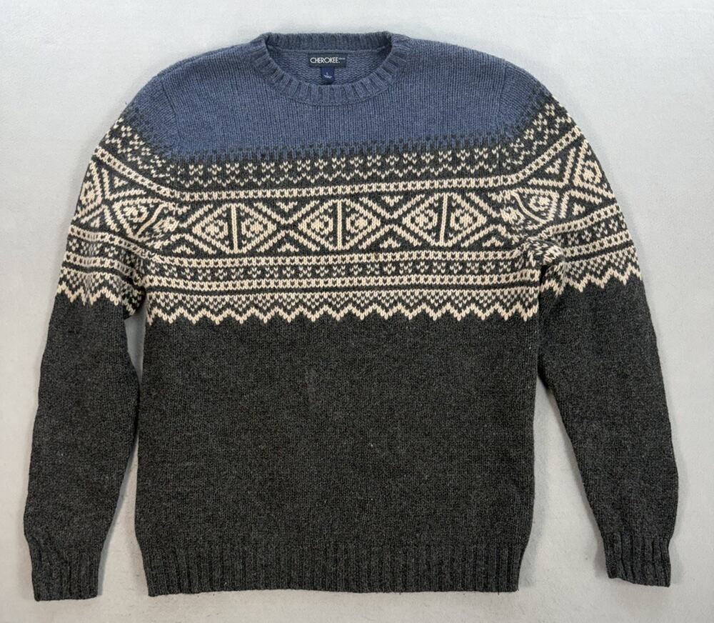 Mens Vintage Cherokee Crewneck Wool Sweater Nordic Fair Isle Size Large.